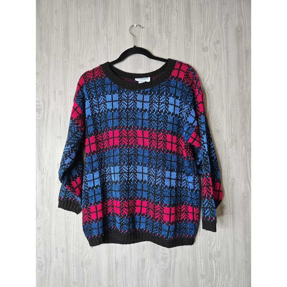 Vintage 80s/90s Bold Plaid Knit Sweater Black Blue Pink – Retro Grunge Women’s M